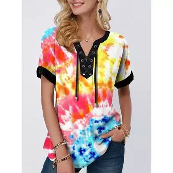 Женские топы с цветочным принтом, летняя свободная футболка с V-образным вырезом и коротким рукавом на шнуровке S