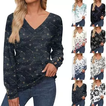 Женские топы с цветочным принтом, рубашка с длинным рукавом и V-образным вырезом, повседневная свободная футболка, осенняя одежда L киноварь