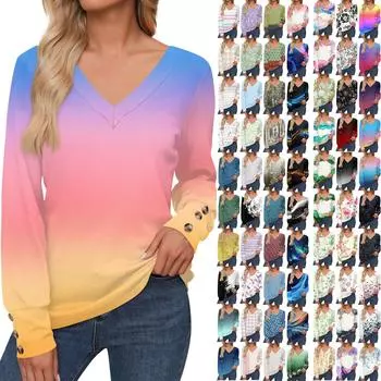 Женские топы с цветочным принтом, рубашка с длинным рукавом и V-образным вырезом, повседневная свободная футболка, осенняя одежда XXL