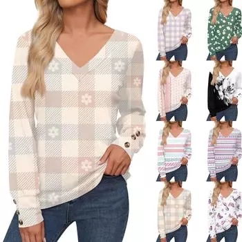 Женские топы с цветочным принтом, рубашка с длинным рукавом и V-образным вырезом, повседневная свободная футболка, осенняя одежда XXL