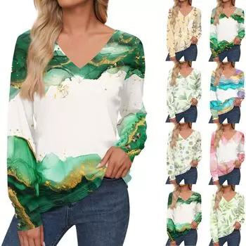 Женские топы с цветочным принтом, рубашка с длинным рукавом и V-образным вырезом, повседневная свободная футболка, осенняя одежда M винный