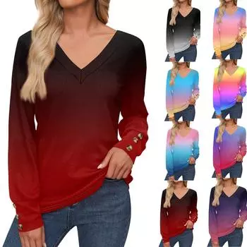 Женские топы с цветочным принтом, рубашка с длинным рукавом и V-образным вырезом, повседневная свободная футболка, осенняя одежда L темно-фиолетового