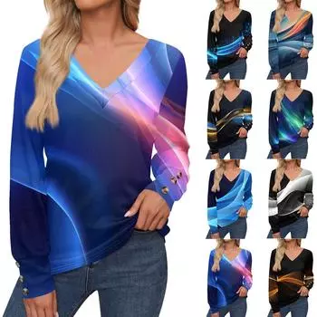 Женские топы с цветочным принтом, рубашка с длинным рукавом и V-образным вырезом, повседневная свободная футболка, осенняя одежда XXL винный