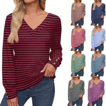 Женские топы с цветочным принтом, рубашка с длинным рукавом и V-образным вырезом, повседневная свободная футболка, осенняя одежда L темно-фиолетового