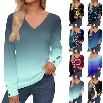 Женские топы с цветочным принтом, рубашка с длинным рукавом и V-образным вырезом, повседневная свободная футболка, осенняя одежда L темно-фиолетового