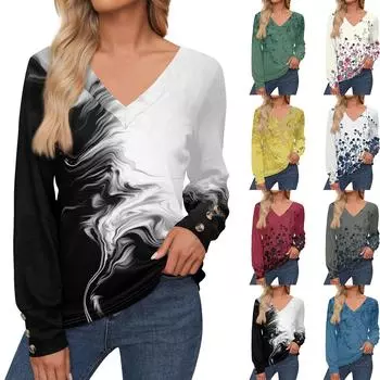 Женские топы с цветочным принтом, рубашка с длинным рукавом и V-образным вырезом, повседневная свободная футболка, осенняя одежда XXL