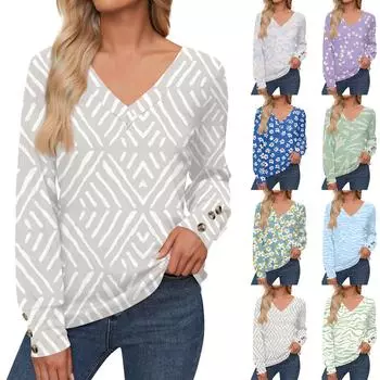 Женские топы с цветочным принтом, рубашка с длинным рукавом и V-образным вырезом, повседневная свободная футболка, осенняя одежда L темно-фиолетового