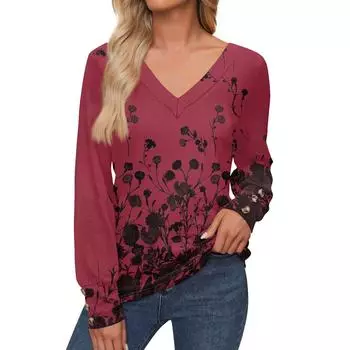 Женские топы с цветочным принтом, рубашка с длинным рукавом и V-образным вырезом, повседневная свободная футболка, осенняя одежда S