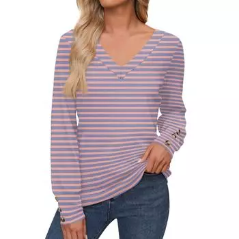 Женские топы с цветочным принтом, рубашка с длинным рукавом и V-образным вырезом, повседневная свободная футболка, осенняя одежда S фиолетовый