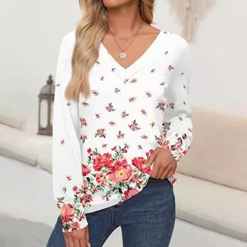 Женские топы с цветочным принтом, рубашка с длинным рукавом и V-образным вырезом, повседневная свободная футболка, осенняя одежда S розовый