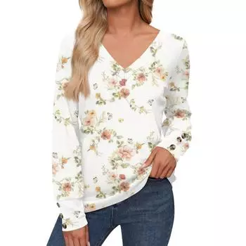 Женские топы с цветочным принтом, рубашка с длинным рукавом и V-образным вырезом, повседневная свободная футболка, осенняя одежда S фиолетовый