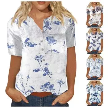 Женские топы с цветочным принтом, женская модная повседневная рубашка с коротким рукавом на пуговицах, блузка L синий