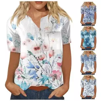 Женские топы с цветочным принтом, женская модная повседневная рубашка с коротким рукавом на пуговицах, блузка XXXXL синий