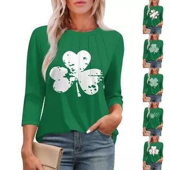 Женские топы с длинным рукавом 3/4, повседневная туника, базовая плиссированная рубашка, свободный крой. Патрик Принт Топ L армия зеленый