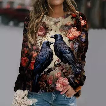 Женские топы с длинным рукавом, футболки с круглым вырезом, свободного покроя, модные, с 3D-принтом животных, одежда в стиле Харадзюку, готические футболки для женщин S