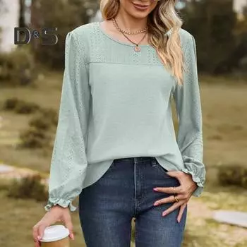 Женские топы с длинным рукавом и круглым вырезом, сетчатые топы, однотонные, дышащие, с рукавами-фонариками, повседневная футболка, повседневная одежда L чёрный