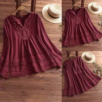 Женские топы с длинным рукавом и V-образным вырезом, кружевные мешковатые блузки, женские повседневные элегантные однотонные свободные футболки S винный/красный