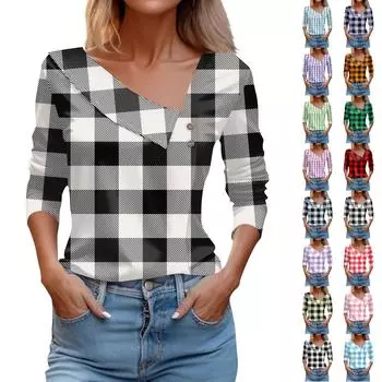 Женские топы с длинным рукавом и V-образным вырезом, свободные рубашки, клетчатый принт, асимметричные блузки с пуговицами, деловые повседневные туники L чёрный