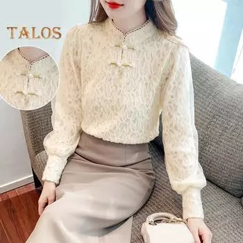 Женские топы с длинным рукавом, кружевные, приталенные, с высоким воротником, однотонные, в стиле блузки для поездок на работу S белый