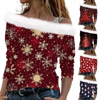 Женские топы с длинным рукавом, модные женские свободные пуловеры с рождественским принтом и открытыми плечами S тёмно-синий