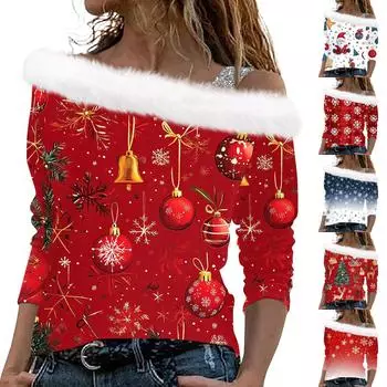 Женские топы с длинным рукавом, модные женские свободные пуловеры с рождественским принтом и открытыми плечами S