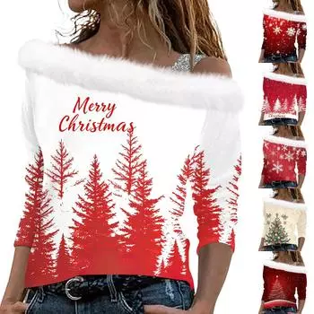 Женские топы с длинным рукавом, модные женские свободные пуловеры с рождественским принтом и открытыми плечами L хаки