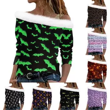 Женские топы с длинным рукавом, модные женские свободные топы с принтом на Хэллоуин и открытыми плечами XXL