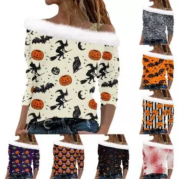 Женские топы с длинным рукавом, модные женские свободные топы с принтом на Хэллоуин и открытыми плечами M чёрный