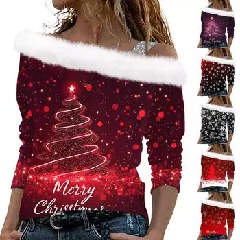 Женские топы с длинным рукавом, модные женские свободные пуловеры с рождественским принтом и открытыми плечами S