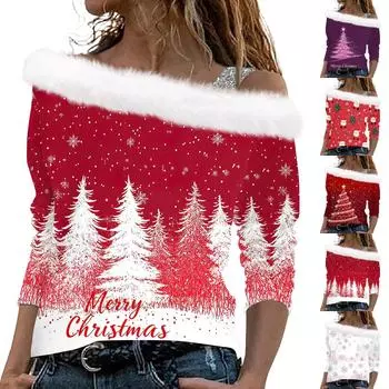 Женские топы с длинным рукавом, модные женские свободные пуловеры с рождественским принтом и открытыми плечами XXL