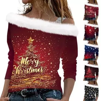 Женские топы с длинным рукавом, модные женские свободные пуловеры с рождественским принтом и открытыми плечами S