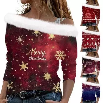 Женские топы с длинным рукавом, модные женские свободные пуловеры с рождественским принтом и открытыми плечами M