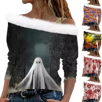 Женские топы с длинным рукавом, модные женские свободные топы с принтом на Хэллоуин и открытыми плечами XXL винный
