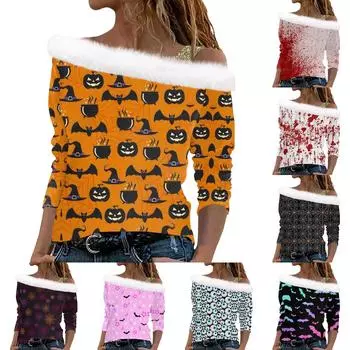 Женские топы с длинным рукавом, модные женские свободные топы с принтом на Хэллоуин и открытыми плечами M розовый