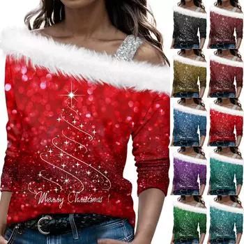 Женские топы с длинным рукавом, модный женский свободный пуловер с принтом рождественской елки и открытыми плечами M чёрный