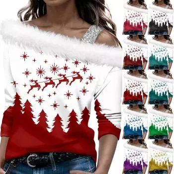 Женские топы с длинным рукавом, модный женский свободный пуловер с принтом рождественской елки и открытыми плечами M чёрный
