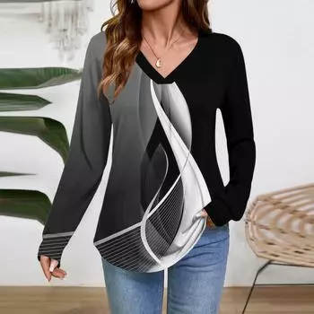 Женские топы с длинным рукавом, нарядные повседневные футболки с V-образным вырезом, базовые футболки, одежда для отпуска, осенняя модная одежда L