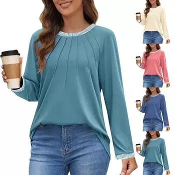 Женские топы с длинным рукавом, нарядные, повседневные, с круглым вырезом, плиссированные, цветные, свободные, модные блузки, футболки L бежевый