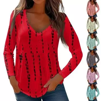 Женские топы с длинным рукавом, рубашки с V-образным вырезом, повседневные полосатые принты, базовые модные футболки, блузки, осенние туники, облегающие футболки XL