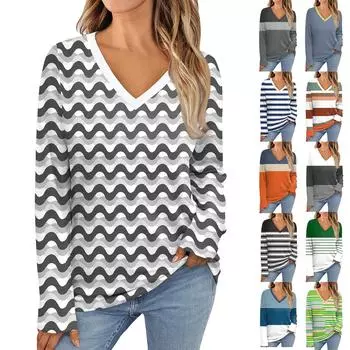 Женские топы с длинным рукавом, рубашки с V-образным вырезом, повседневные полосатые принты, базовые модные футболки, блузки, осенние туники, облегающие футболки L