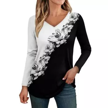 Женские топы с длинным рукавом, рубашки с V-образным вырезом, повседневные футболки с 3D-цветочным принтом, базовые модные футболки, блузки, осенние туники, приталенные футболки S