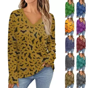 Женские топы с длинным рукавом, рубашки с V-образным вырезом, повседневные принты на Хэллоуин, базовые модные футболки, блузки, осенние туники, облегающие футболки M коричневый