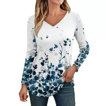 Женские топы с длинным рукавом, рубашки с V-образным вырезом, повседневные футболки с 3D-цветочным принтом, базовые модные футболки, блузки, осенние туники, облегающие футболки S