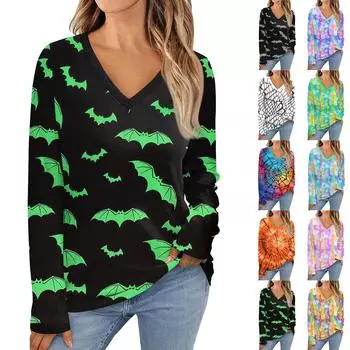 Женские топы с длинным рукавом, рубашки с V-образным вырезом, повседневные принты на Хэллоуин, базовые модные футболки, блузки, осенние туники, облегающие футболки XL оранжевый