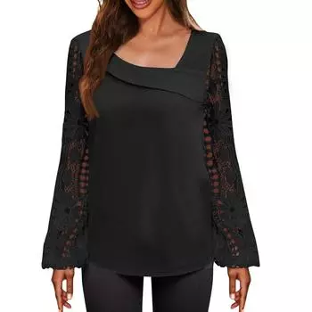 Женские топы с длинным рукавом, рубашки с V-образным вырезом, повседневные кружевные футболки, блузки, осенние туники, облегающие футболки 230s M чёрный