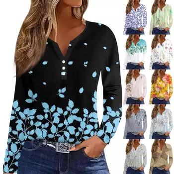 Женские топы с длинным рукавом с цветочным принтом, винтажные модные повседневные свободные рубашки с V-образным вырезом, рубашки больших размеров M