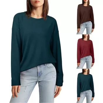 Женские топы с длинным рукавом, трикотажные ребристые рубашки с круглым вырезом, осенние туники с закругленным подолом 2024 года, модная одежда M коричневый