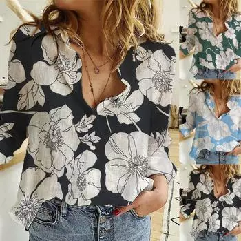 Женские топы с длинными рукавами, блузка, удобная рубашка с принтом на пуговицах, стиль рубашки L чёрный