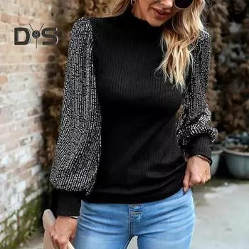 Женские топы с длинными рукавами, блузки с пышными рукавами и блестками, однотонные облегающие повседневные футболки M серый