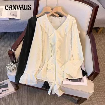 Женские топы с длинными рукавами больших размеров на весну и лето, кружевная шифоновая блузка, жаккардовые ажурные топы 2XL чёрный